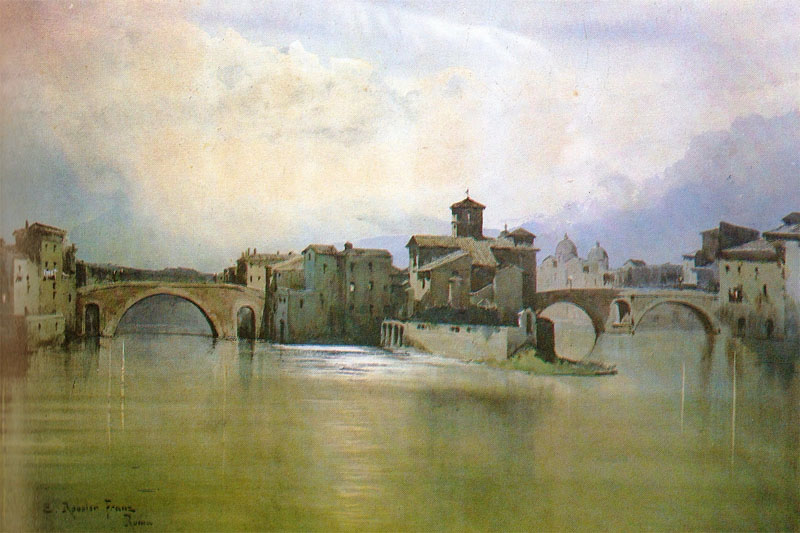 Ettore Roesler Franz,Ile Tibérine avec le Pont Cestio et le Pont Fabricio ( ?, avant 1907, date indéterminée)
